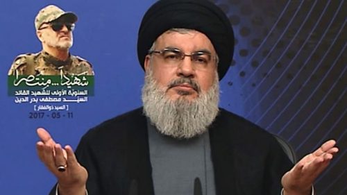 This file image from May 11, 2017 shows Hassan Nasrallah giving a televised address marking the 2016 death of Mustafa Badreddine, a suspect in the 2005 assassination of former Lebanese PM RafikHariri AFP PHOTO / AL-MANAR TV
