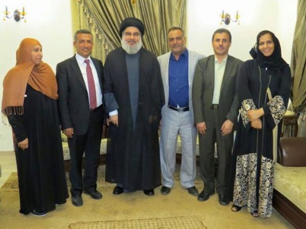 Hezbollah chief Hassan Nasrallah  is shown with several officials of the  Houthi rebels 