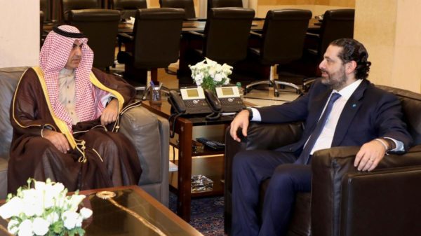Lebanese Prime Minister Saad Hariri meets Saudi royal court envoy Nizar Al Aloula at the government palace in Beirut on February 13, 2019. Dalati Nohra via AP