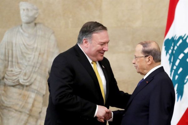 U.S. Secretary of State Mike Pompeo, left, meets with Lebanon's President Michel Aoun at the presidential palace in Baabda on March 22, 2019. Pompeo is on a regional tour to build a united front against Iran.