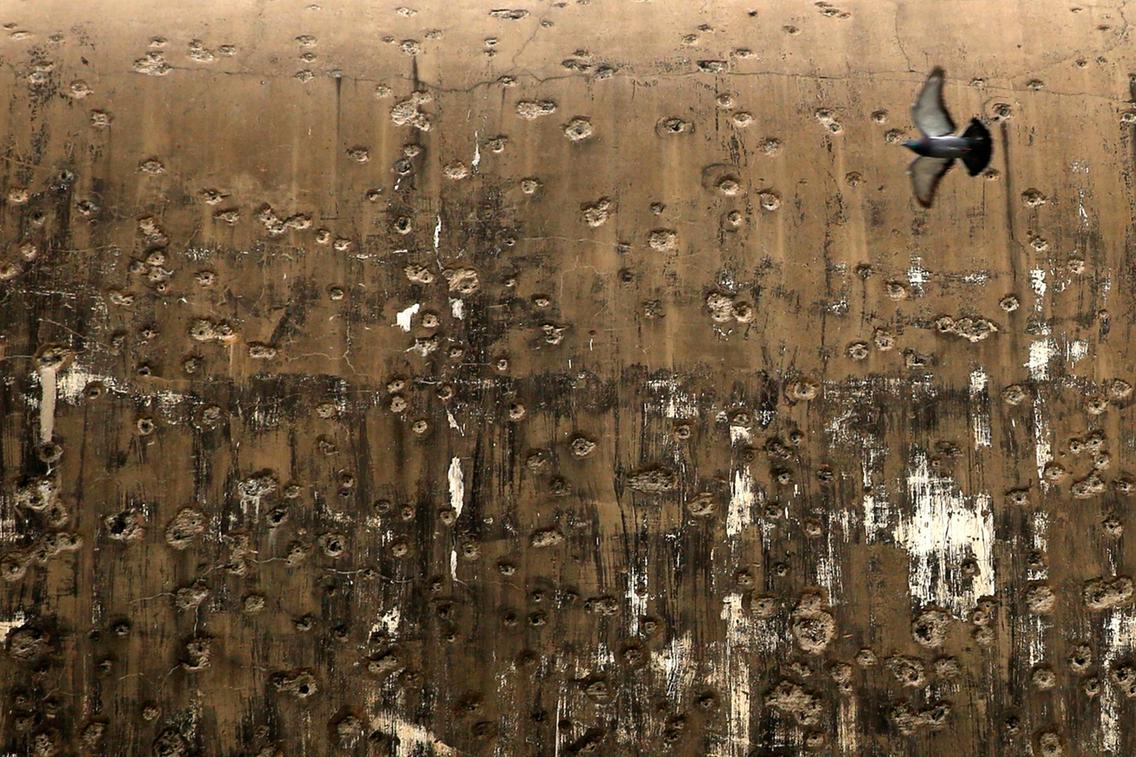 A pigeon flies next to the Dome City Center known as 'The Egg' in central Beirut.