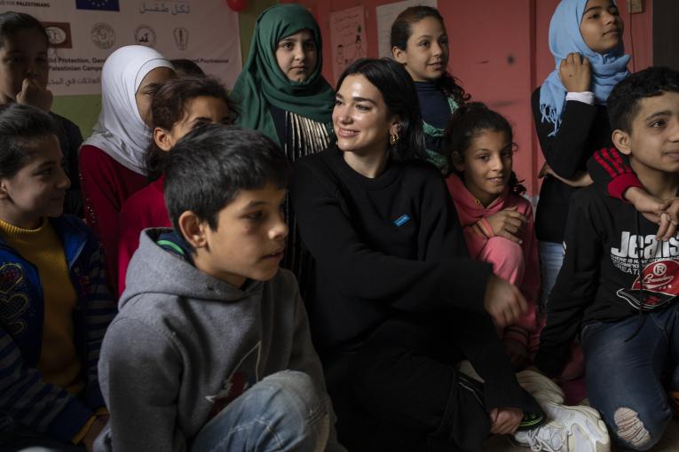 UNICEF supporter and singer/songwriter Dua Lipa visits children at the Najedh Association, a local NGO, in the Bourj el Barajneh Palestinian camp in Beirut, Lebanon, April 14, 2019. UNICEF has been working with the Ministry of Education and Higher Education to improve access to formal education for both Lebanese and non-Lebanese children.