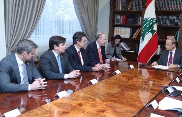 President Michel Aoun (R) is shown with visiting US congressional delegation which included Reps. Adam Kinzinger, an Illinois Republican, and Vicente Gonzalez, a Texas Democrat, both serve on the House Foreign Affairs Committee. Rep. Tom Graves, a Georgia Republican, serves on the House Appropriations Committee. They visited Lebanon to assess the impact of U.S. aid.