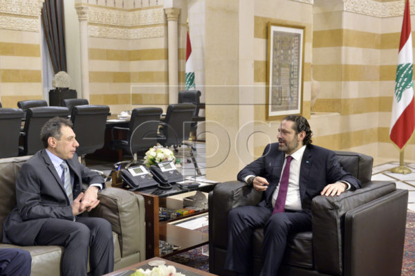  Lebanese Prime Minister Saad Hariri (R) meets with Nizar Zakka (L) a Lebanese citizen and permanent US resident who was released in Tehran after nearly four years in jail on charges of spying