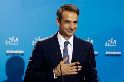 Greek opposition New Democracy conservative party leader Kyriakos Mitsotakis delivers his speech after win the parliamentary elections at the New Democracy ...