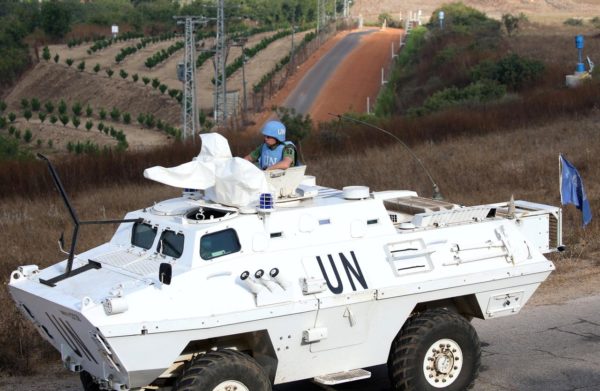 A UN peacekeeper (UNIFIL) patrols the border with Israel, in the village of Khiam, Lebanon September 2, 2019. REUTERS/Ali Hashisho