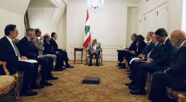 Lebanese President Michel Aoun receives a delegation of Task Force for Lebanon on 23 September 2019 in New York. Photo taken from the president's twitter account.
